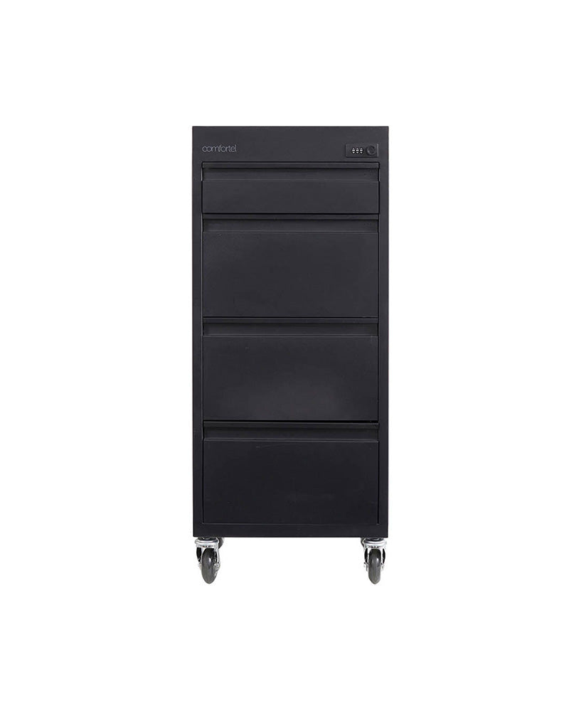 Studio 4- Sort rullebord med lås- 4 skuffer fra Comfortel, frisørudstyr i sort metal med kode-lås